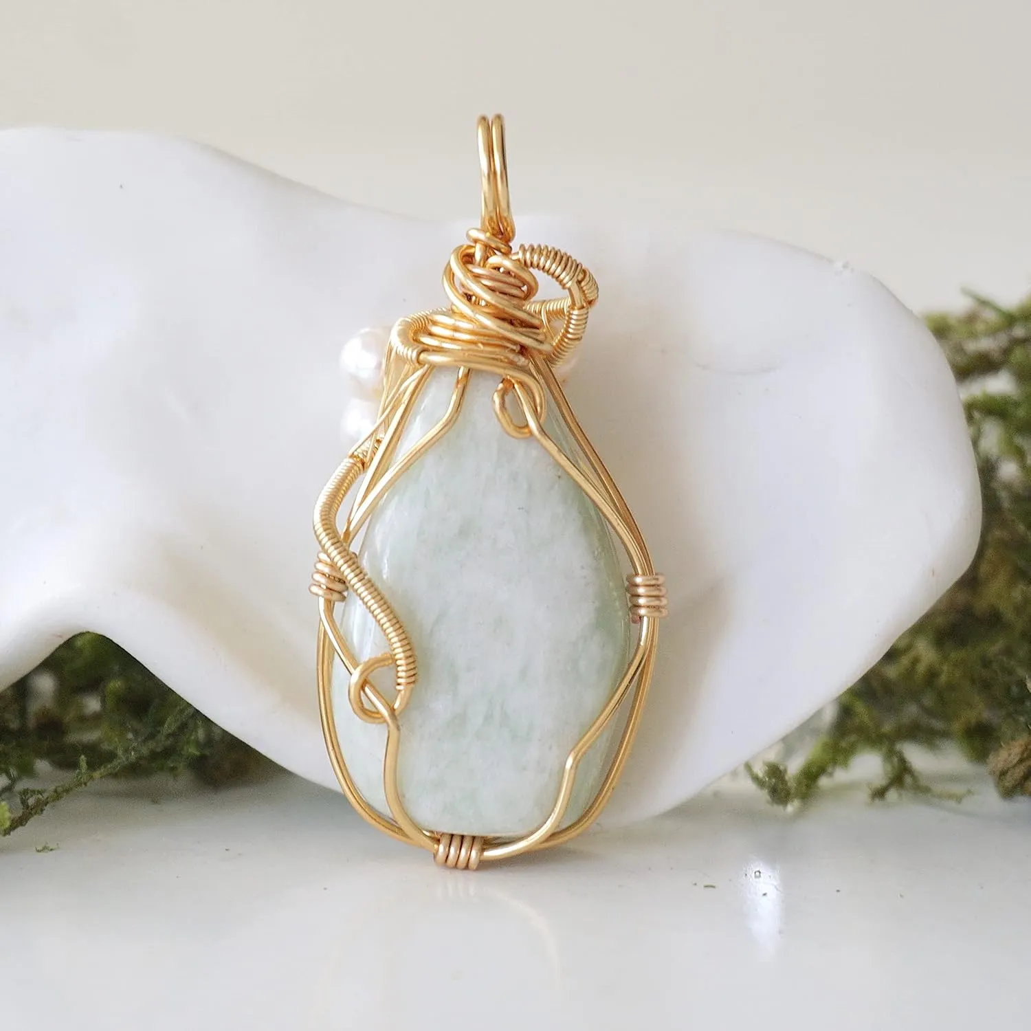 Designs by Nature Gems Raw Jade & Pearl Necklace, February Birthstone Jewelry, With 24 Inch Chain Gold Plated Chain, Genuine Raw Crystal, Handmade in North America