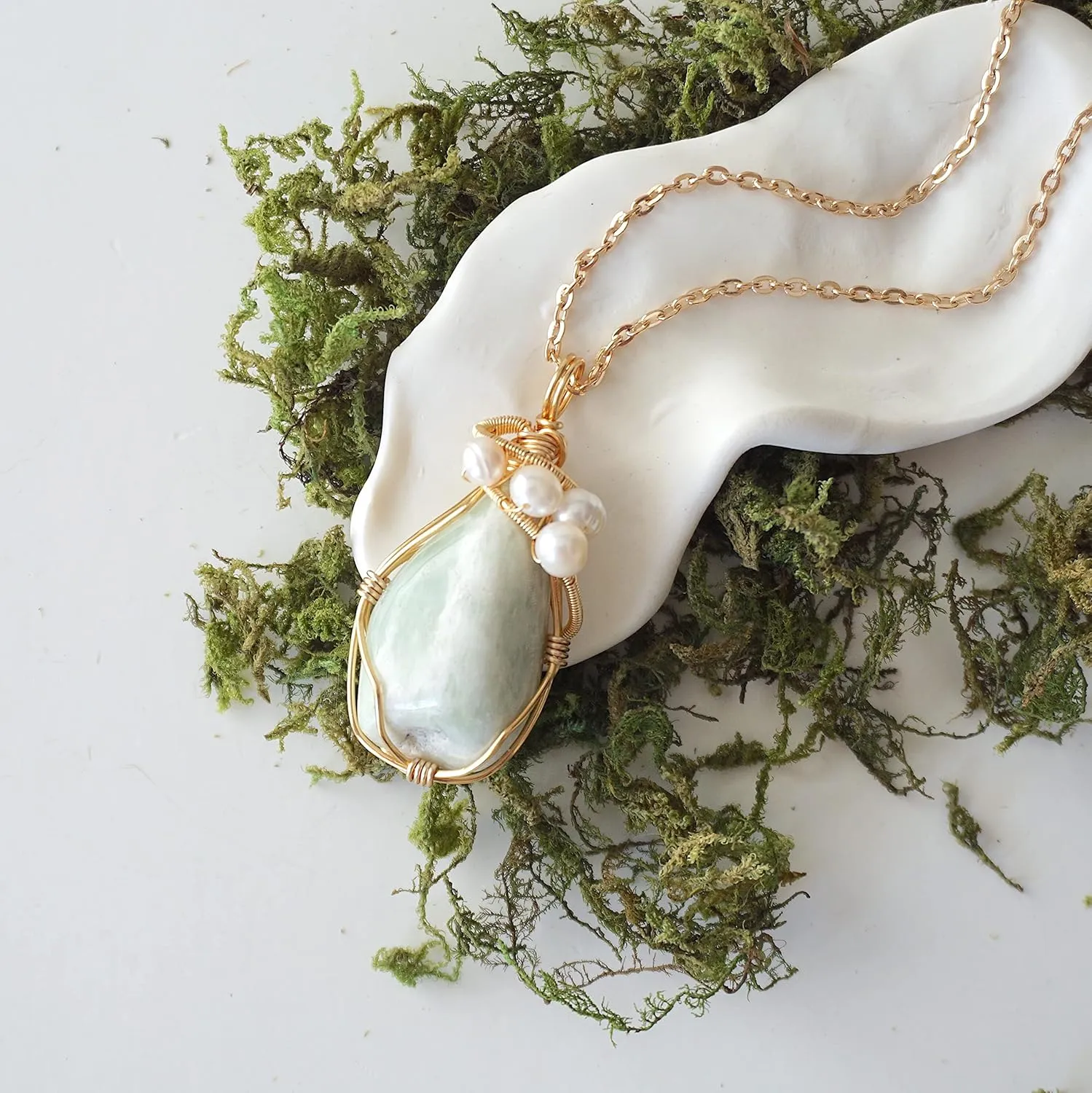Designs by Nature Gems Raw Jade & Pearl Necklace, February Birthstone Jewelry, With 24 Inch Chain Gold Plated Chain, Genuine Raw Crystal, Handmade in North America
