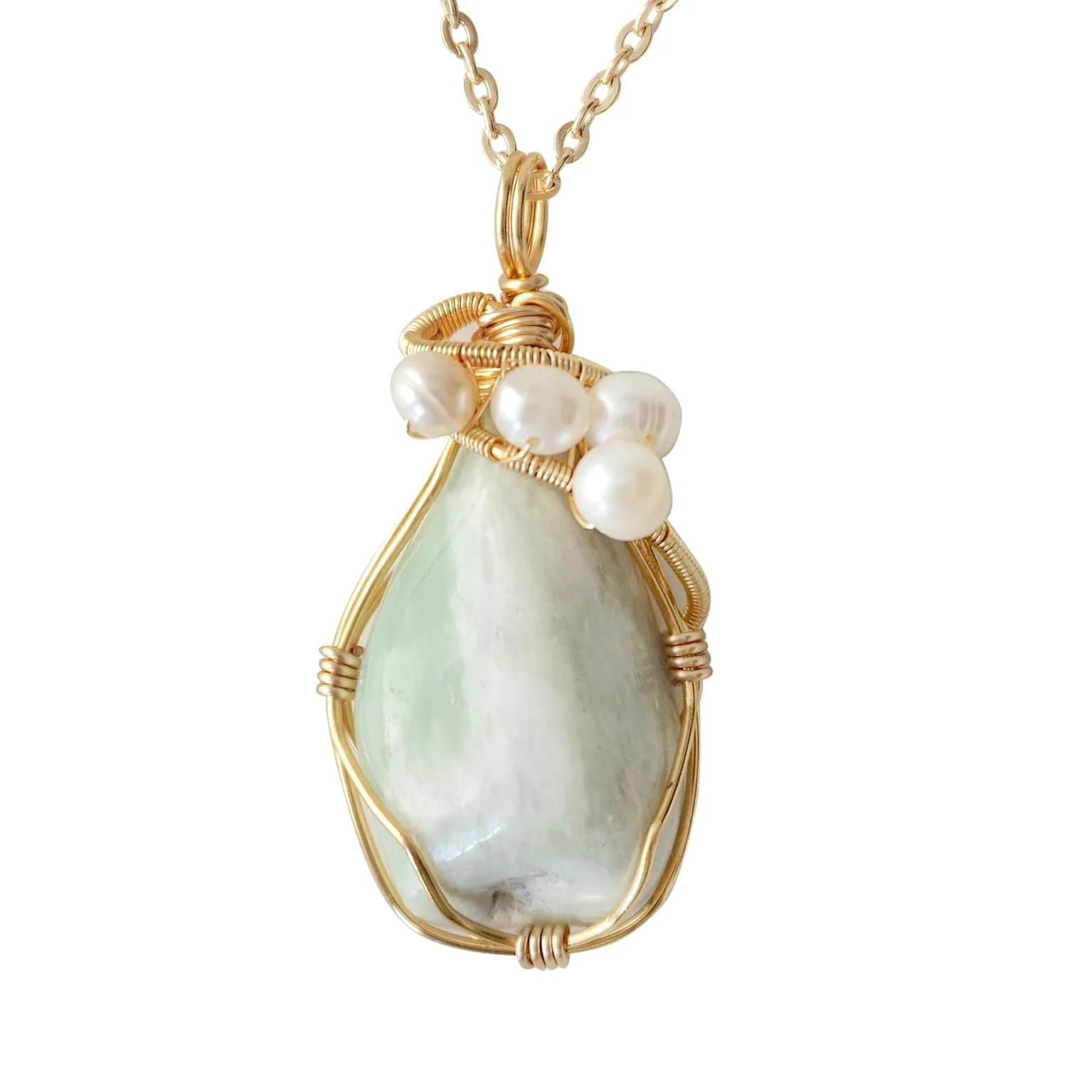 Designs by Nature Gems Raw Jade & Pearl Necklace, February Birthstone Jewelry, With 24 Inch Chain Gold Plated Chain, Genuine Raw Crystal, Handmade in North America