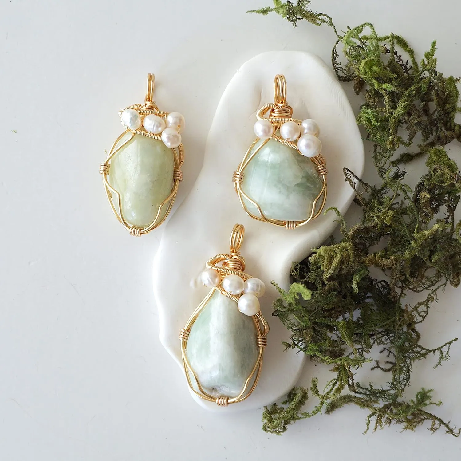 Designs by Nature Gems Raw Jade & Pearl Necklace, February Birthstone Jewelry, With 24 Inch Chain Gold Plated Chain, Genuine Raw Crystal, Handmade in North America