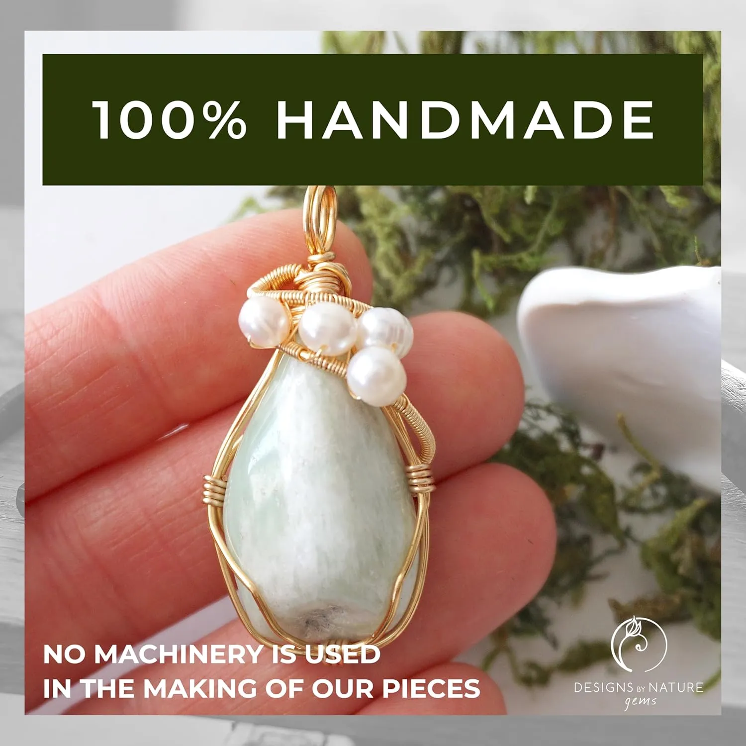 Designs by Nature Gems Raw Jade & Pearl Necklace, February Birthstone Jewelry, With 24 Inch Chain Gold Plated Chain, Genuine Raw Crystal, Handmade in North America