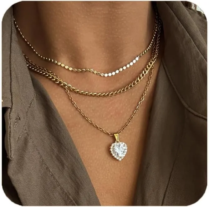 Diamond Pendant for Women,Gold Heart Choker Necklace Cuban Link Chain Paperclip Chain Chunky Necklace CZ Heart Pendant Punk Statement Summer Necklace Fashion