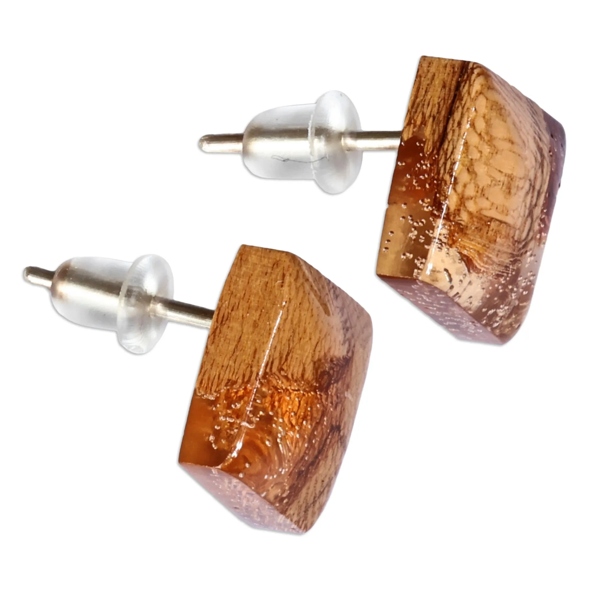 Diamond-Shaped Apricot Wood and Resin Button Earrings - Sylvan Diamond | NOVICA