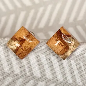 Diamond-Shaped Apricot Wood and Resin Button Earrings - Sylvan Diamond | NOVICA