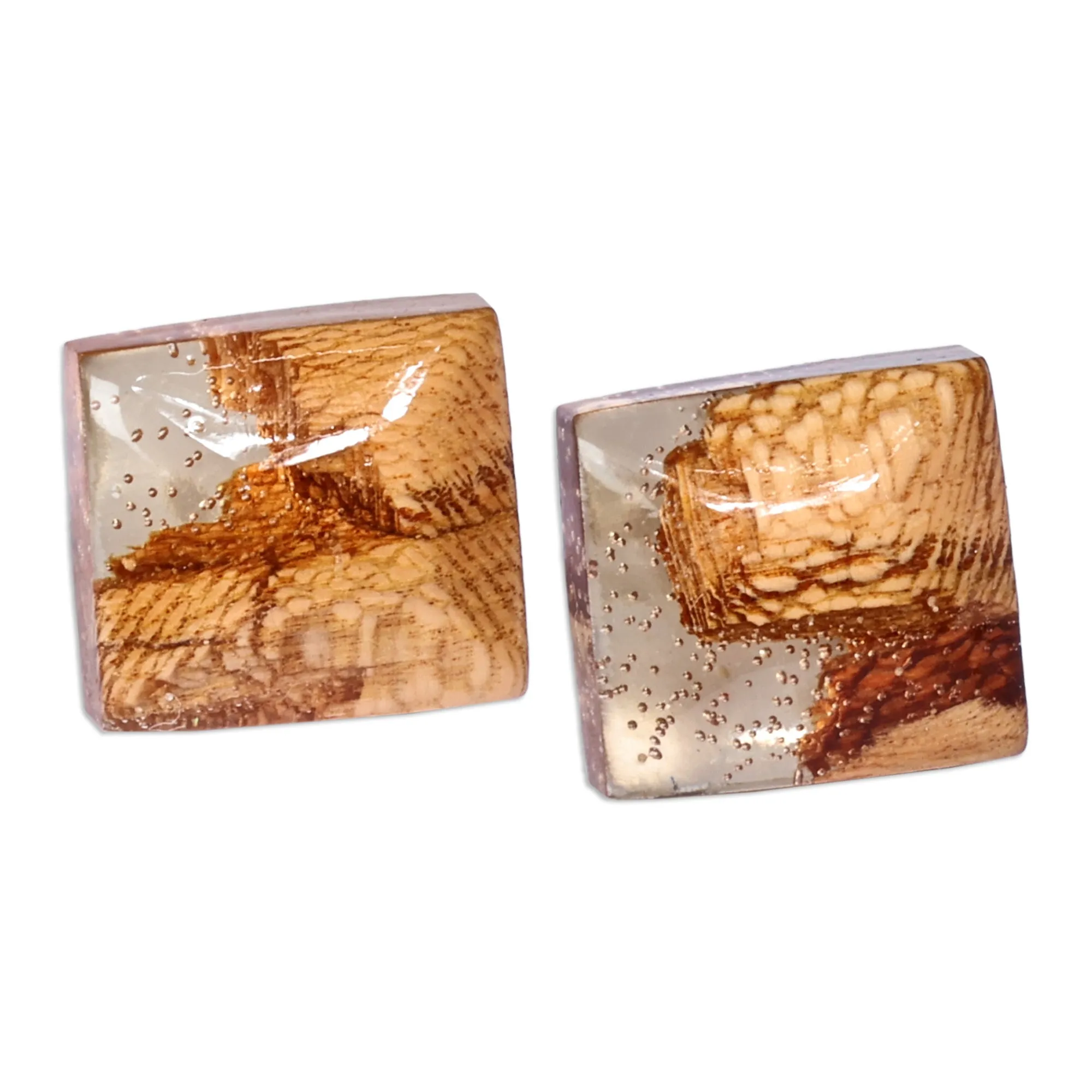 Diamond-Shaped Apricot Wood and Resin Button Earrings - Sylvan Diamond | NOVICA