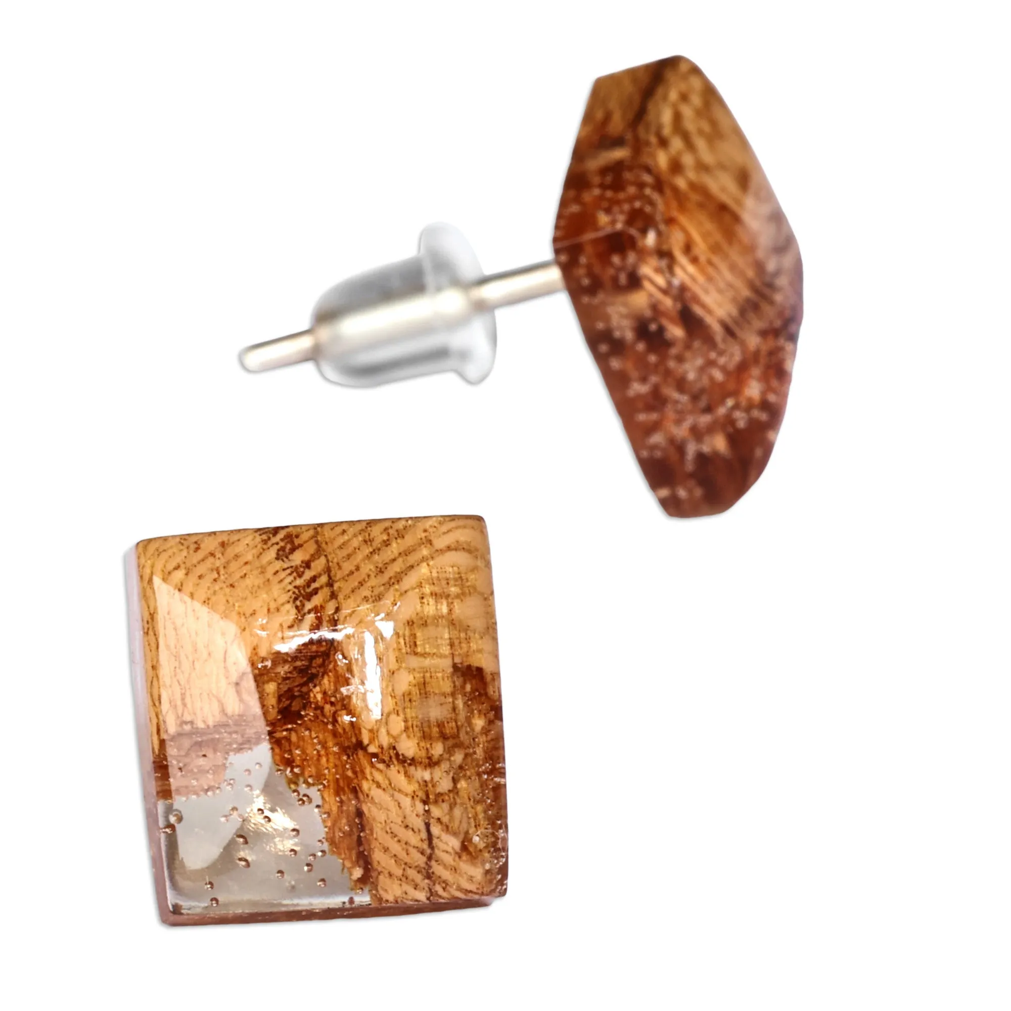 Diamond-Shaped Apricot Wood and Resin Button Earrings - Sylvan Diamond | NOVICA