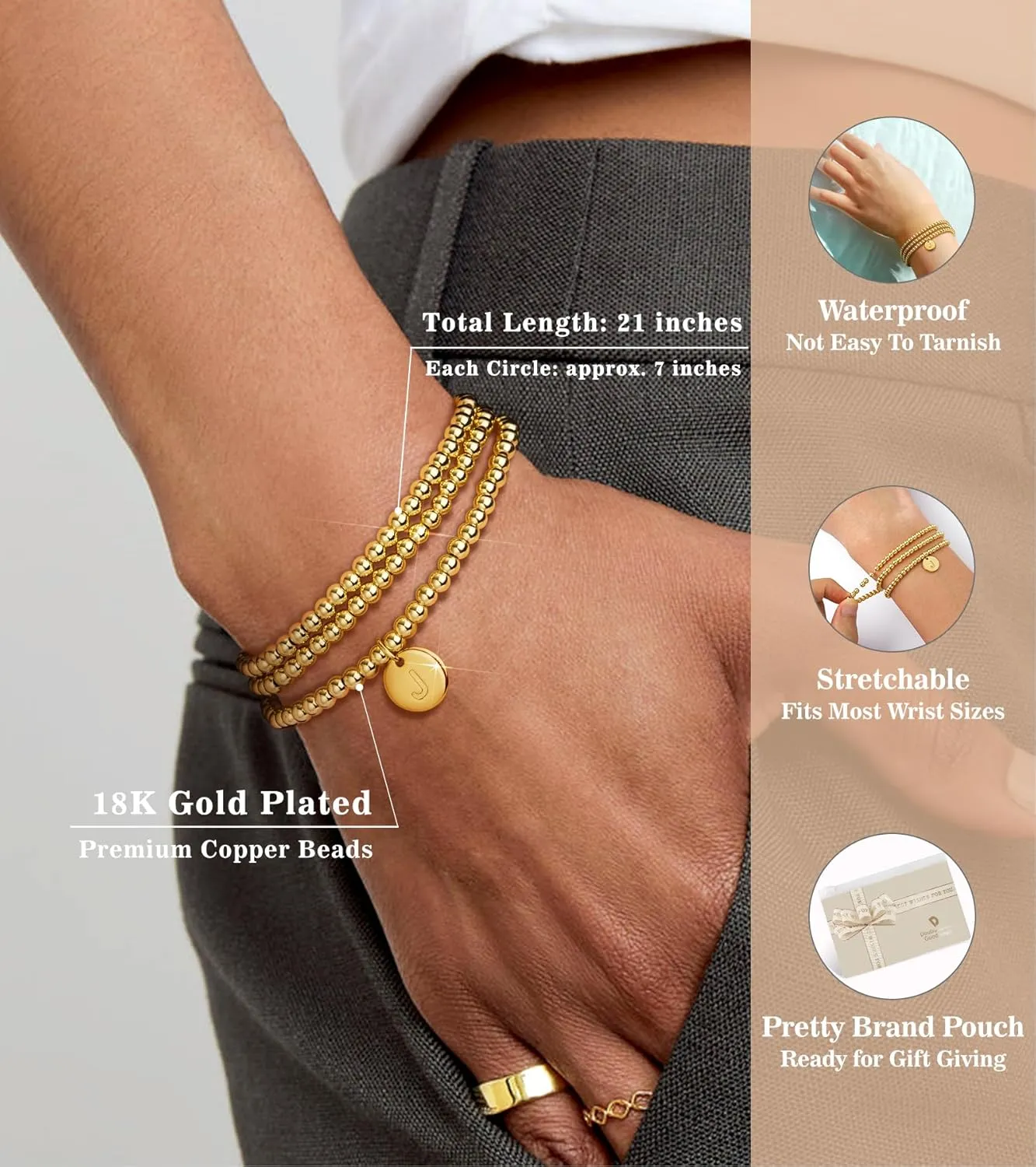 doubgood Gold Bracelets for Women, 18K Gold Plated Beaded Bracelet with A-Z Coin Alphabet Pendant Stretch Jewelry Gifts for Mother's Day Christmas