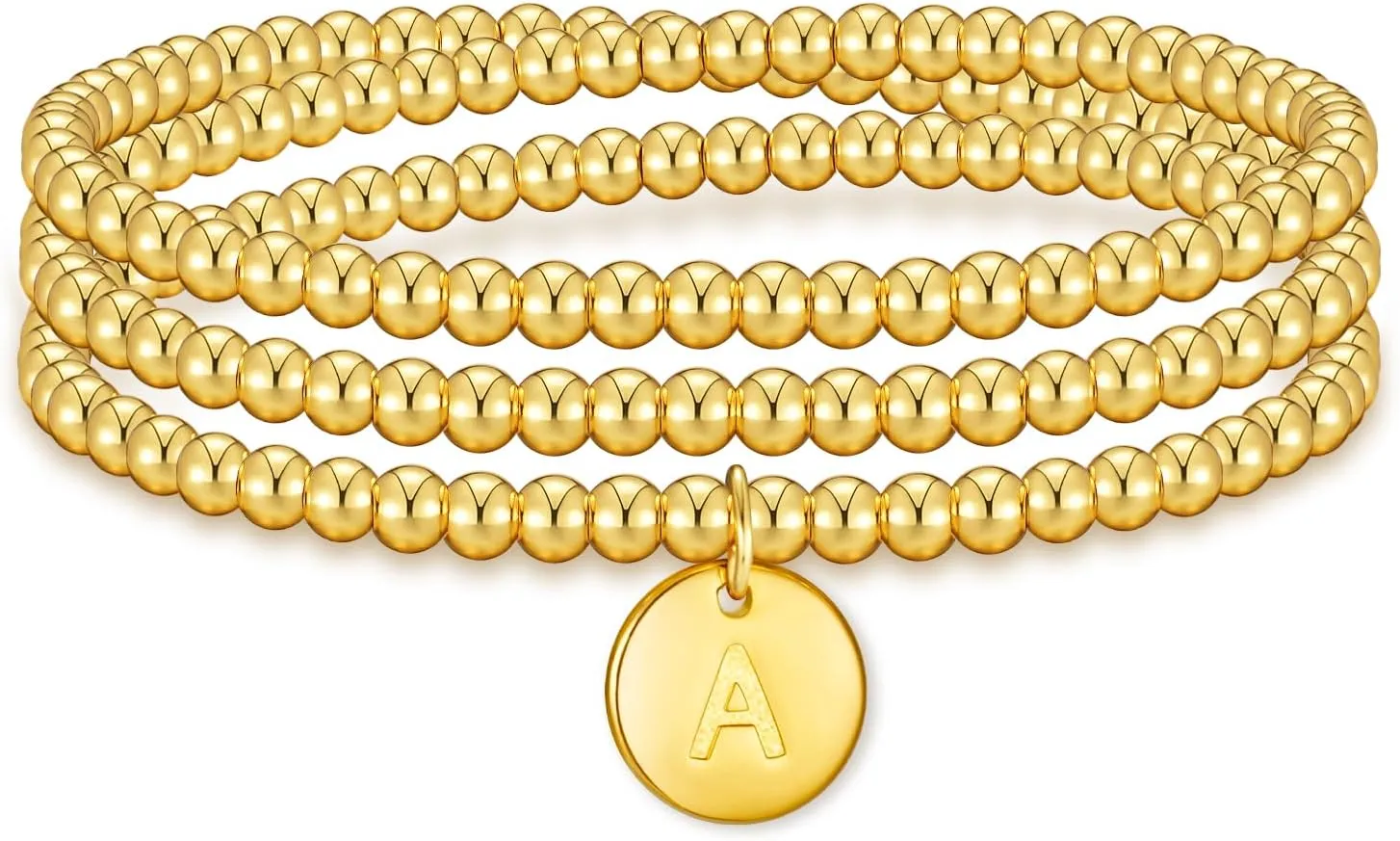 doubgood Gold Bracelets for Women, 18K Gold Plated Beaded Bracelet with A-Z Coin Alphabet Pendant Stretch Jewelry Gifts for Mother's Day Christmas