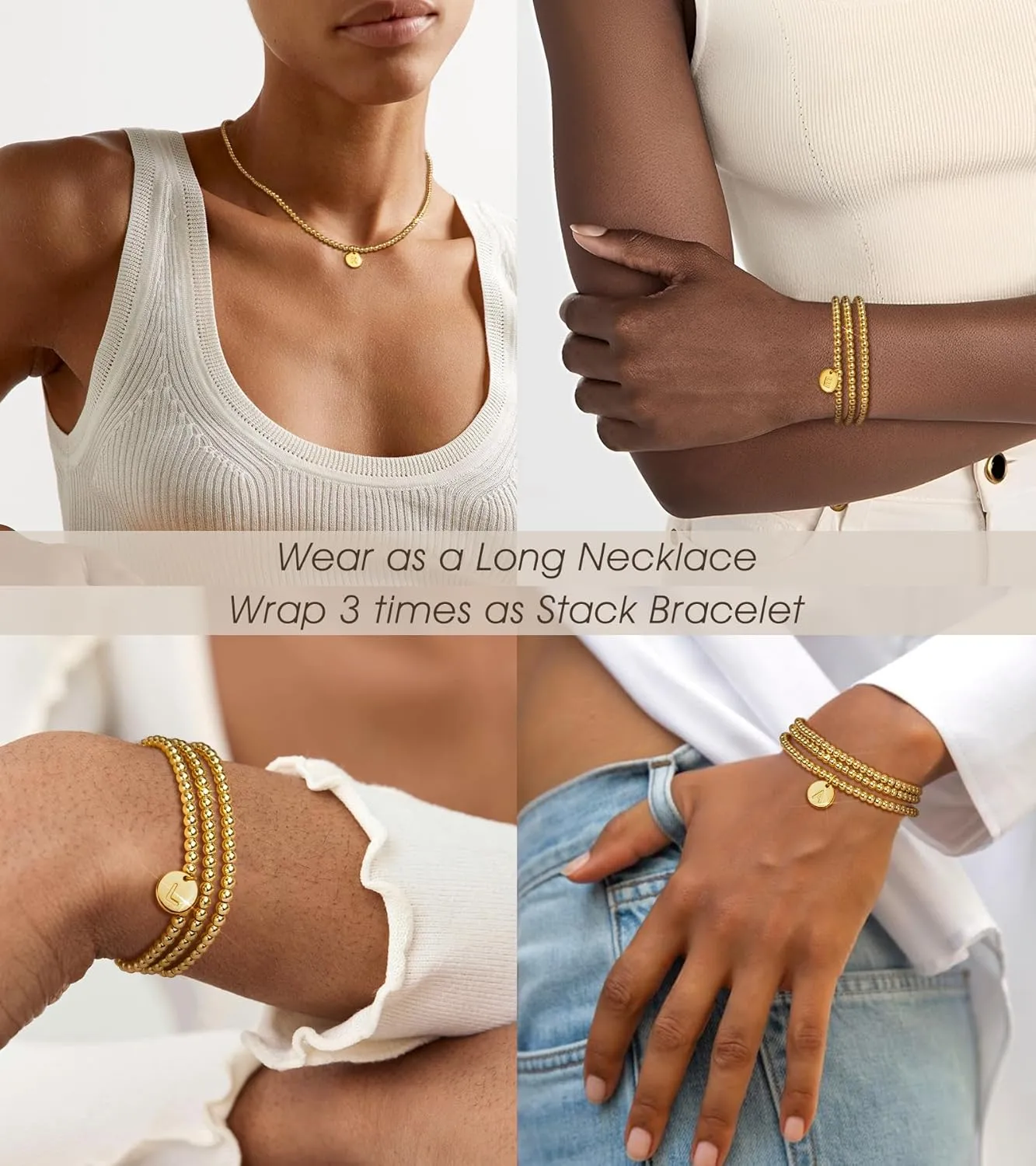 doubgood Gold Bracelets for Women, 18K Gold Plated Beaded Bracelet with A-Z Coin Alphabet Pendant Stretch Jewelry Gifts for Mother's Day Christmas