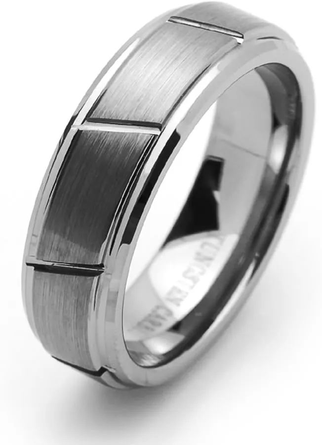 DoubleAccent 7MM Comfort Fit Tungsten Carbide Wedding Band Diagonal Grooves Brushed Center Tungsten Ring (5 to 15)