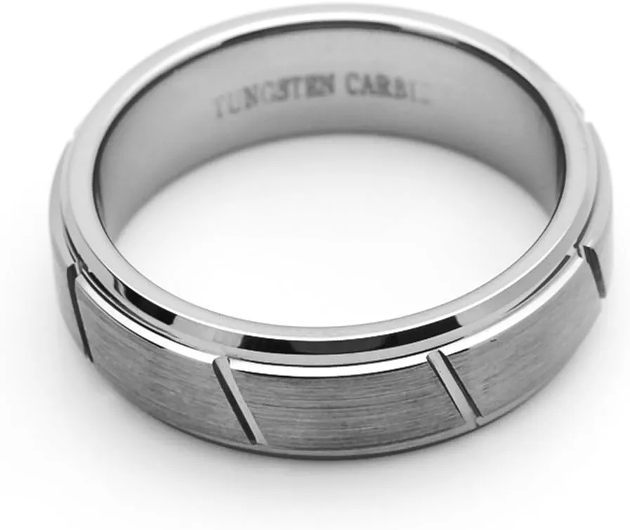 DoubleAccent 7MM Comfort Fit Tungsten Carbide Wedding Band Diagonal Grooves Brushed Center Tungsten Ring (5 to 15)