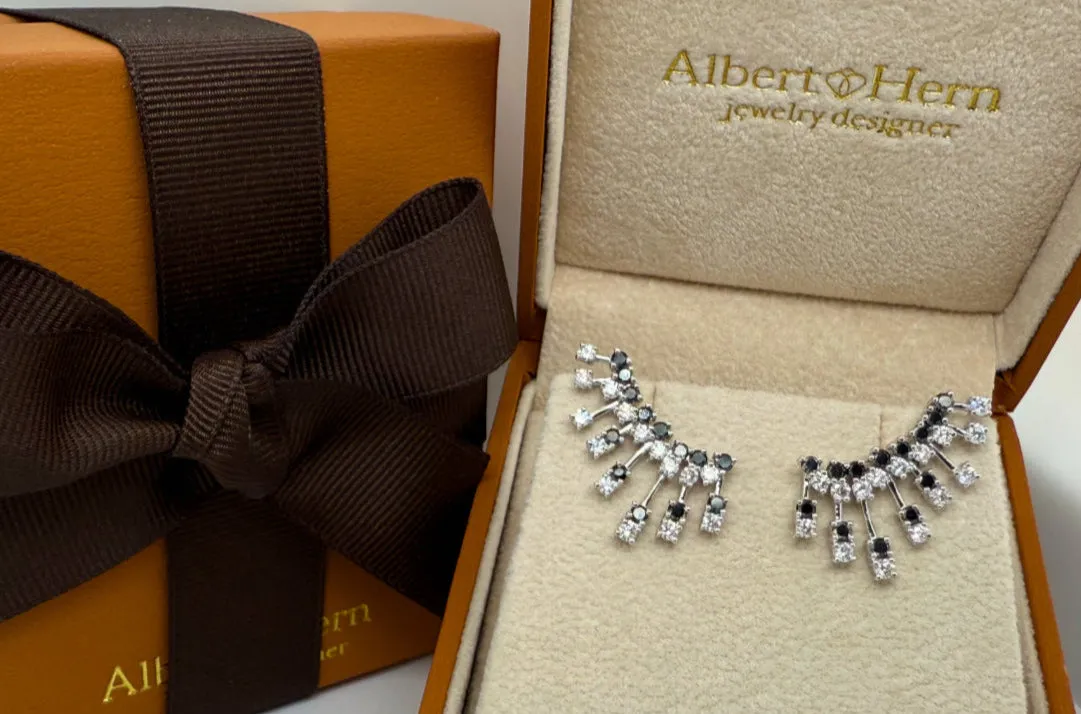 Earrings 14kt Gold Climber Round White and Black Diamonds Stardusts