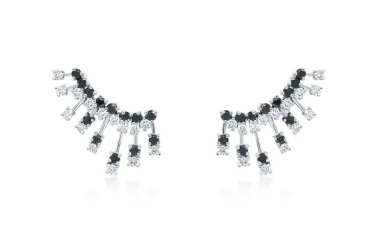 Earrings 14kt Gold Climber Round White and Black Diamonds Stardusts