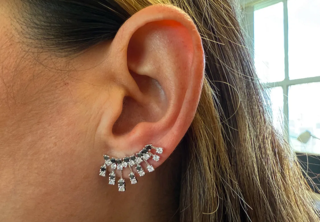 Earrings 14kt Gold Climber Round White and Black Diamonds Stardusts