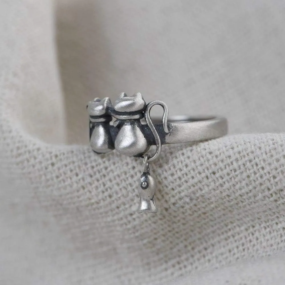Earrings for Ladies Adjustable Ring Women, S925 Sterling Metal Retro Distressed Cat Animal Fish Cute Adjustable Open Knuckle Tail Ring Finger
