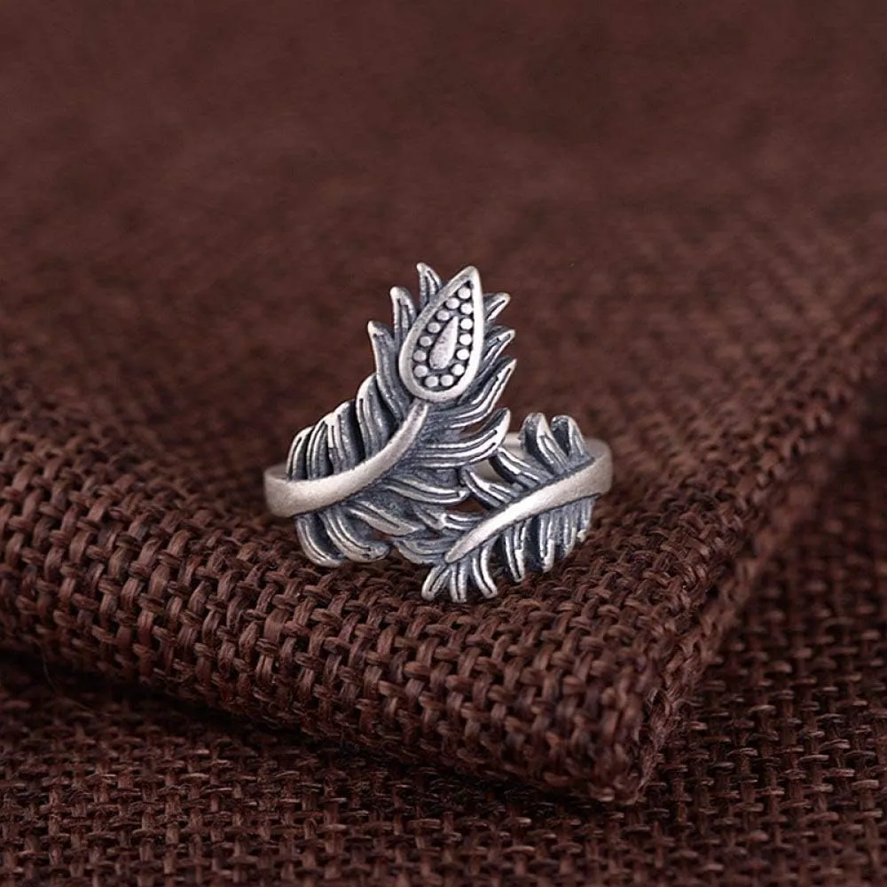 Earrings for Ladies Adjustable Ring Women, S925 Sterling Metal Retro Distressed Feather Charm Nation Adjustable Open Knuckle Tail Ring Finger
