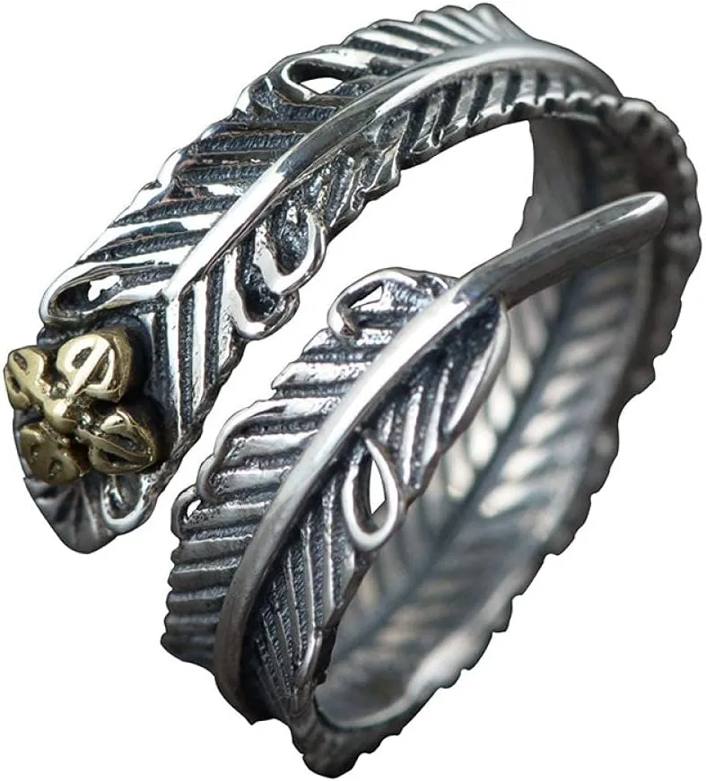 Earrings for Ladies Adjustable Ring Women, S925 Sterling Metal Retro Distressed Feather metalen Leaves Nation Adjustable Open Knuckle Tail Ring Finger Joint