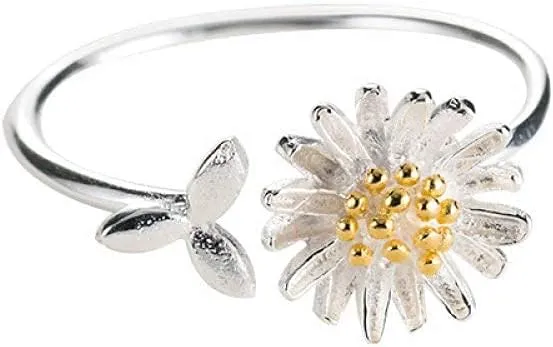 Earrings for Ladies Adjustable Ring Women, S925 Sterling Silver Modern Sunflower Stamen Leaf Fashion Adjustable Open Knuckle Tail Ring Finger Join