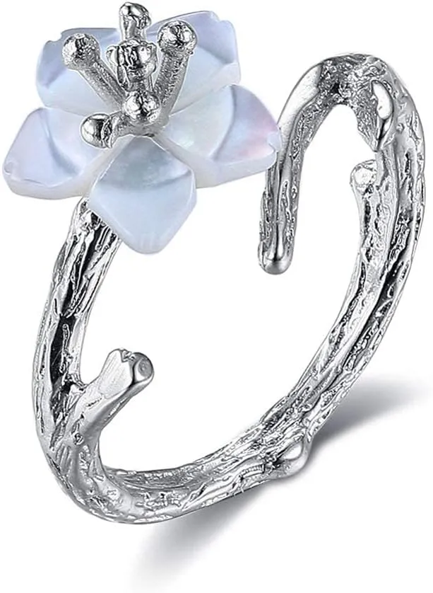 Earrings for Ladies Adjustable Ring Women, S925 Sterling Silver Vintage Natural Shell Sakura Branch Charm Adjustable Knuckle Tail Ring Finger Join