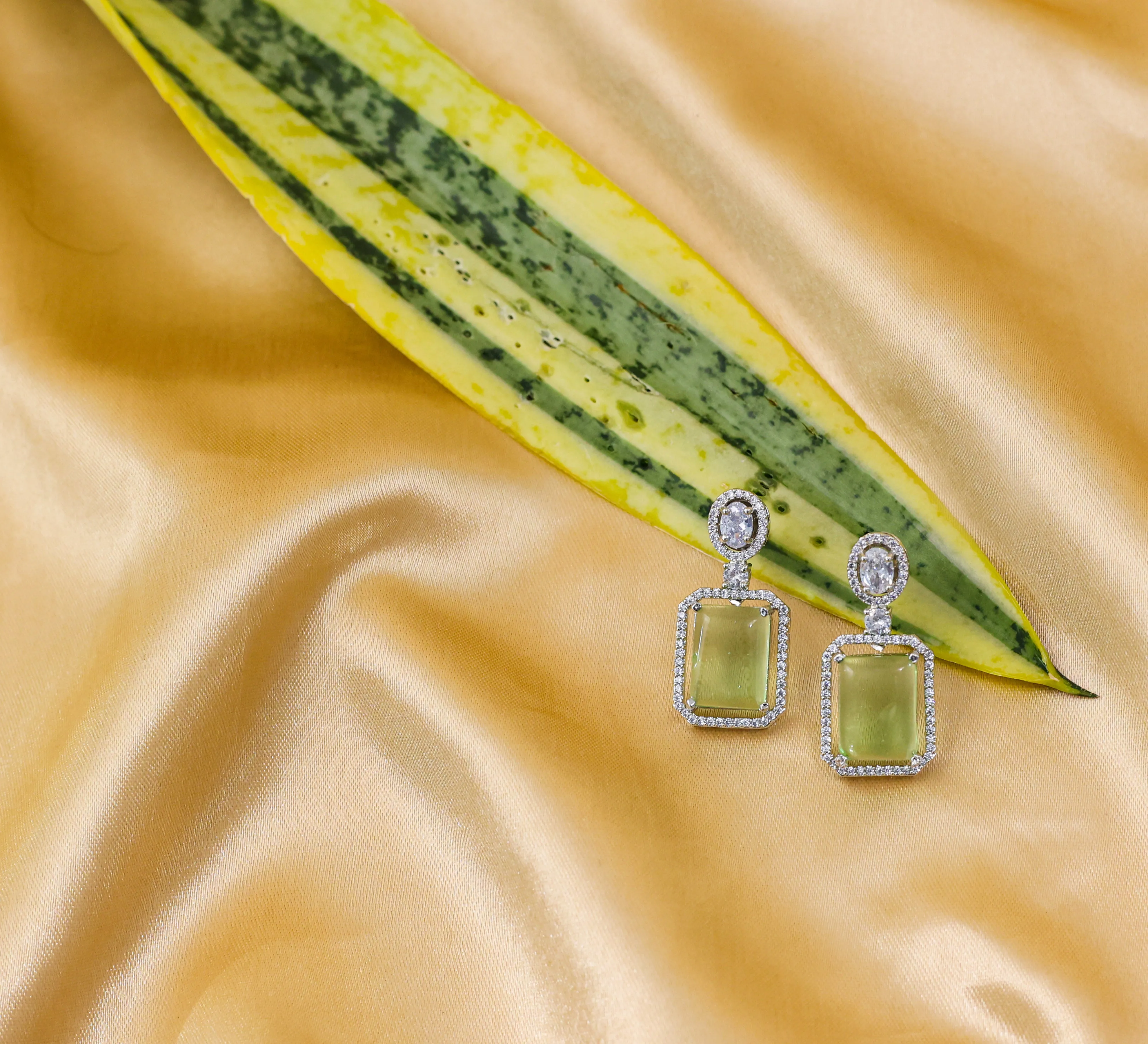 Earrings with Doublet Potta Stones and CZ Accents in White Rhodium