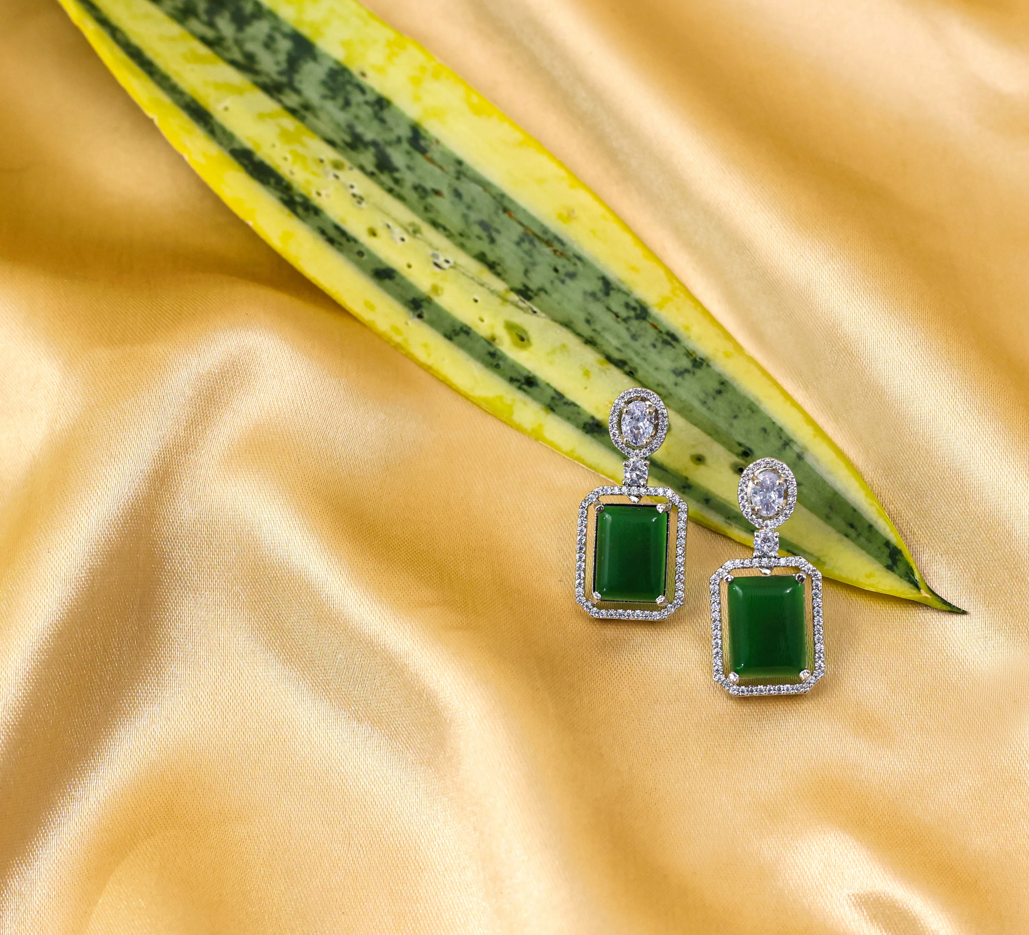 Earrings with Doublet Potta Stones and CZ Accents in White Rhodium