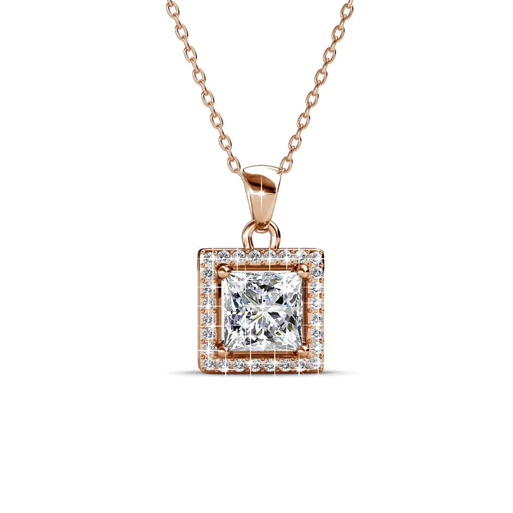 Ekatrina 18k White Gold Plated Halo Pendant Necklace with Sparkling Square Cut Swarovski Crystal