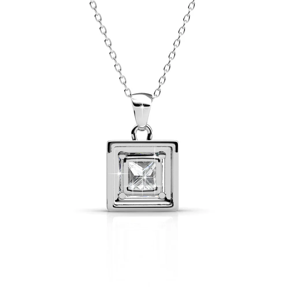 Ekatrina 18k White Gold Plated Halo Pendant Necklace with Sparkling Square Cut Swarovski Crystal
