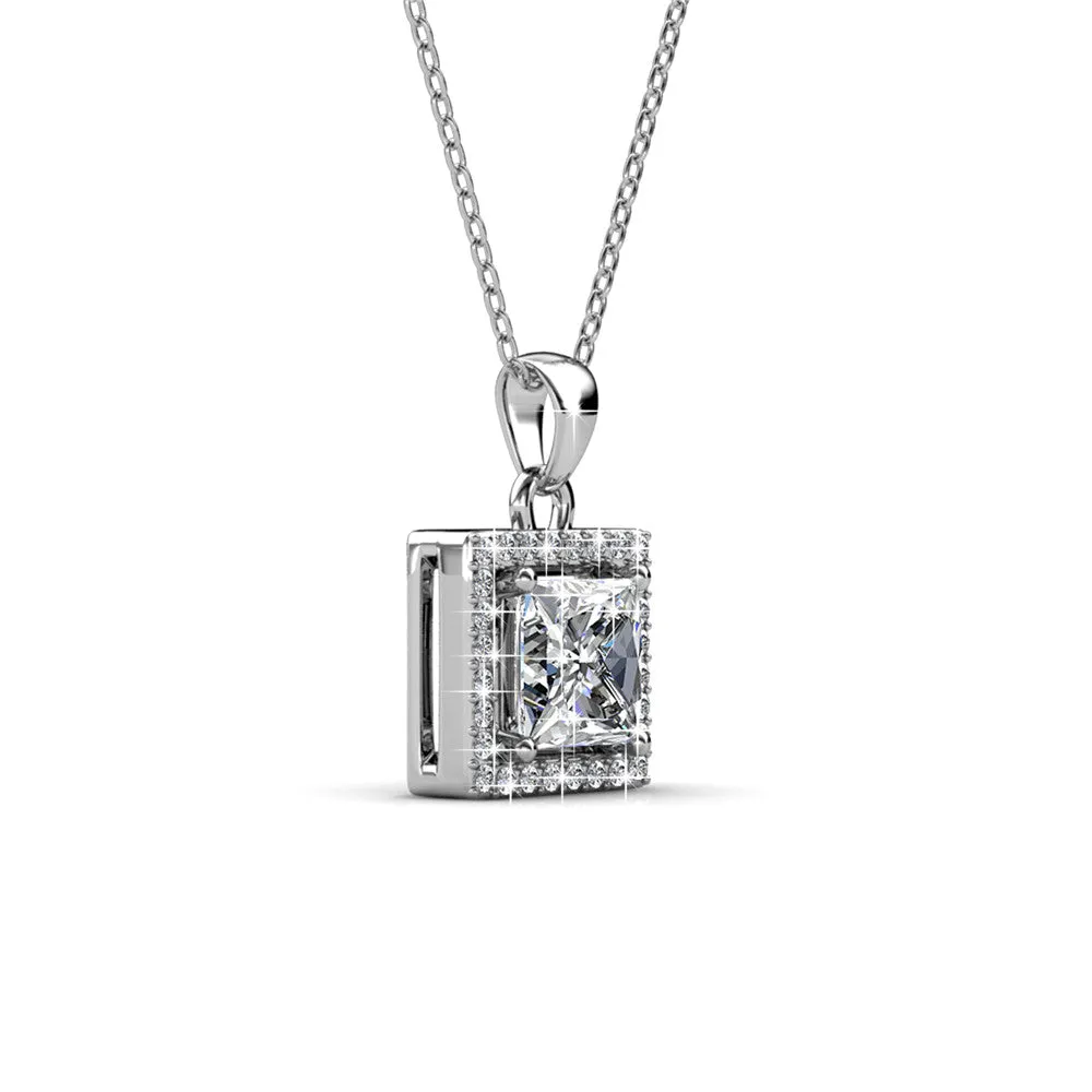 Ekatrina 18k White Gold Plated Halo Pendant Necklace with Sparkling Square Cut Swarovski Crystal