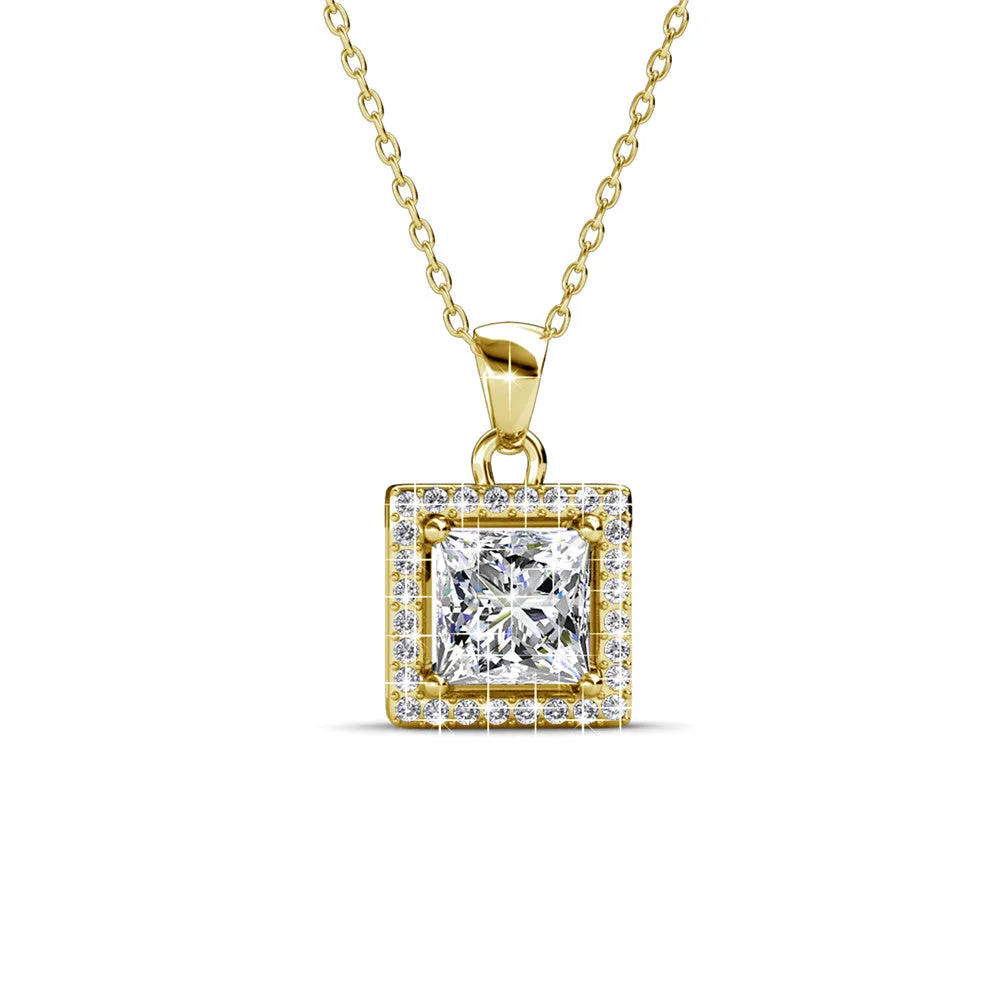 Ekatrina 18k White Gold Plated Halo Pendant Necklace with Sparkling Square Cut Swarovski Crystal