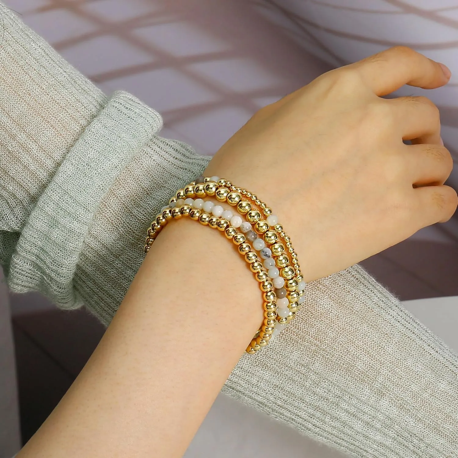 Elegance 11 designs Gold Beaded Bracelets For Women Natural Stone Stretch 14k Gold Plated Bead Ball Bracelet Stack Set Layered Bracelets For Women Minimalist Jewelry Gifts