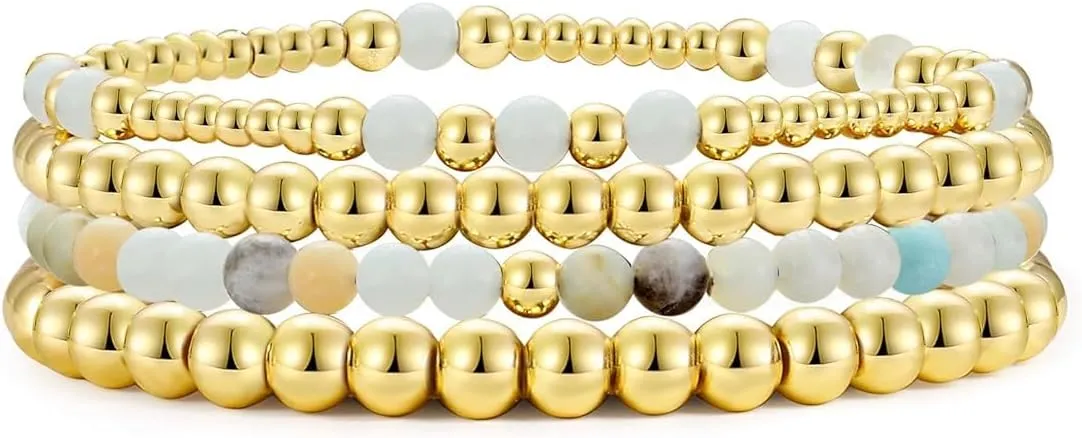 Elegance 11 designs Gold Beaded Bracelets For Women Natural Stone Stretch 14k Gold Plated Bead Ball Bracelet Stack Set Layered Bracelets For Women Minimalist Jewelry Gifts