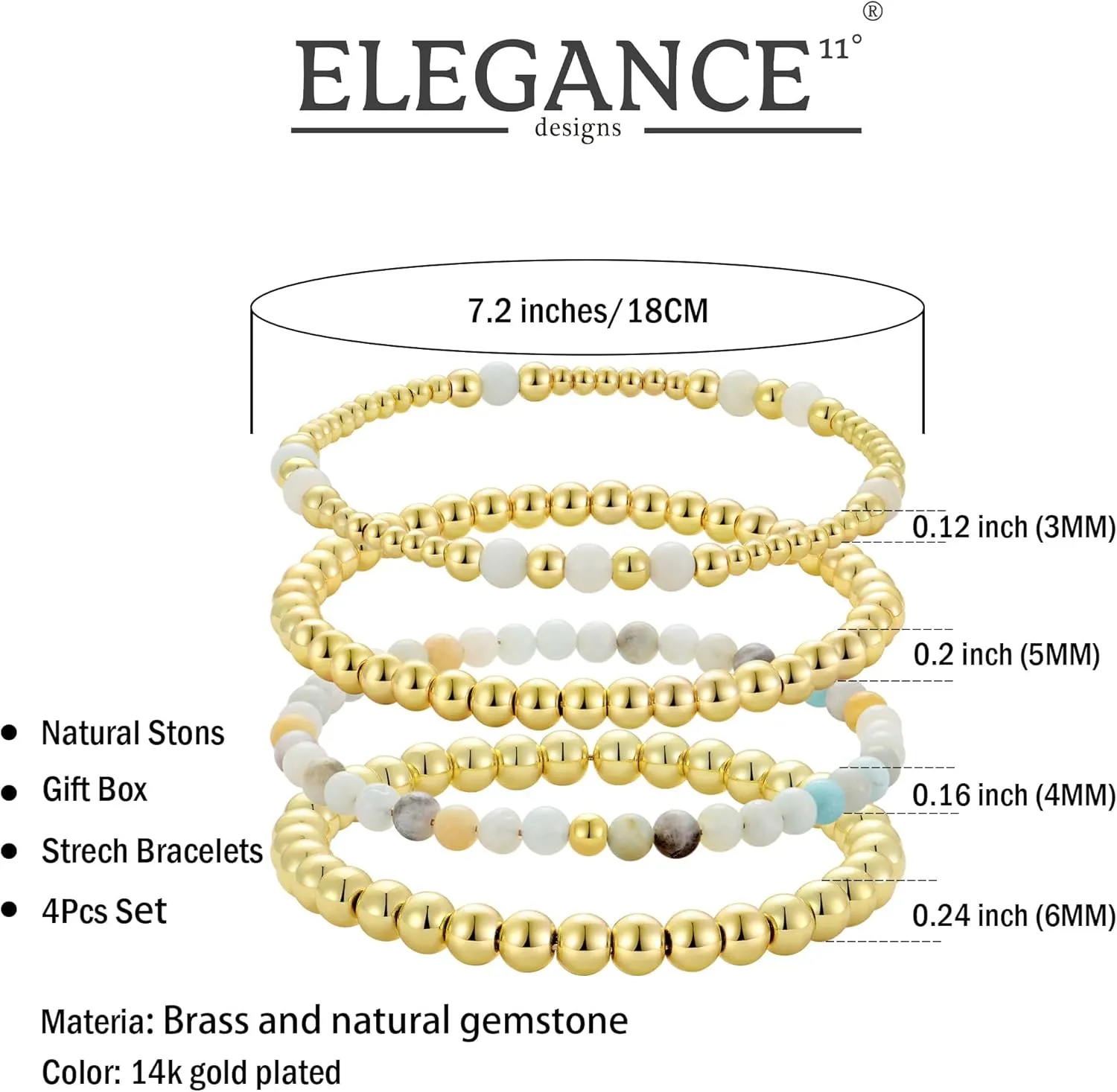 Elegance 11 designs Gold Beaded Bracelets For Women Natural Stone Stretch 14k Gold Plated Bead Ball Bracelet Stack Set Layered Bracelets For Women Minimalist Jewelry Gifts