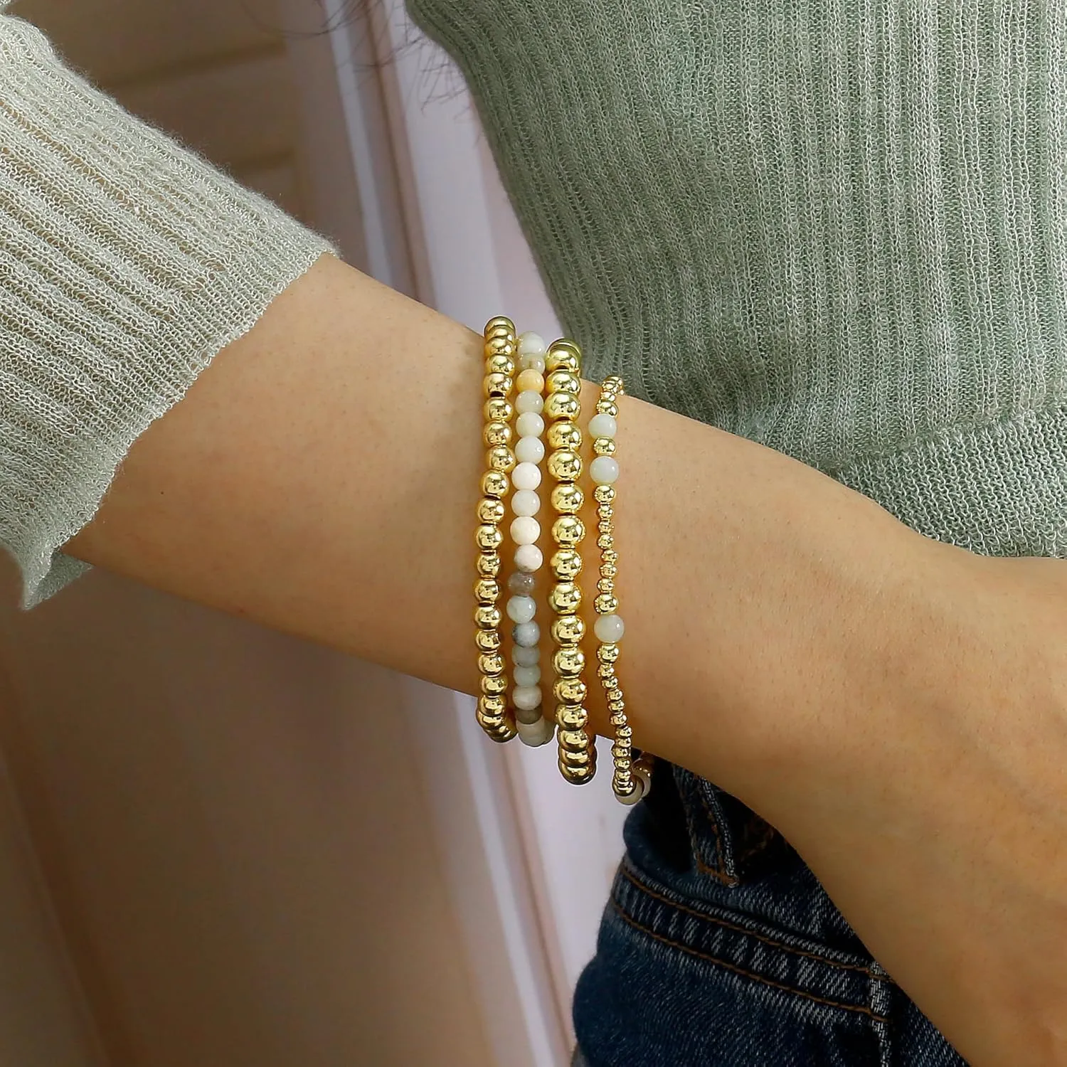 Elegance 11 designs Gold Beaded Bracelets For Women Natural Stone Stretch 14k Gold Plated Bead Ball Bracelet Stack Set Layered Bracelets For Women Minimalist Jewelry Gifts