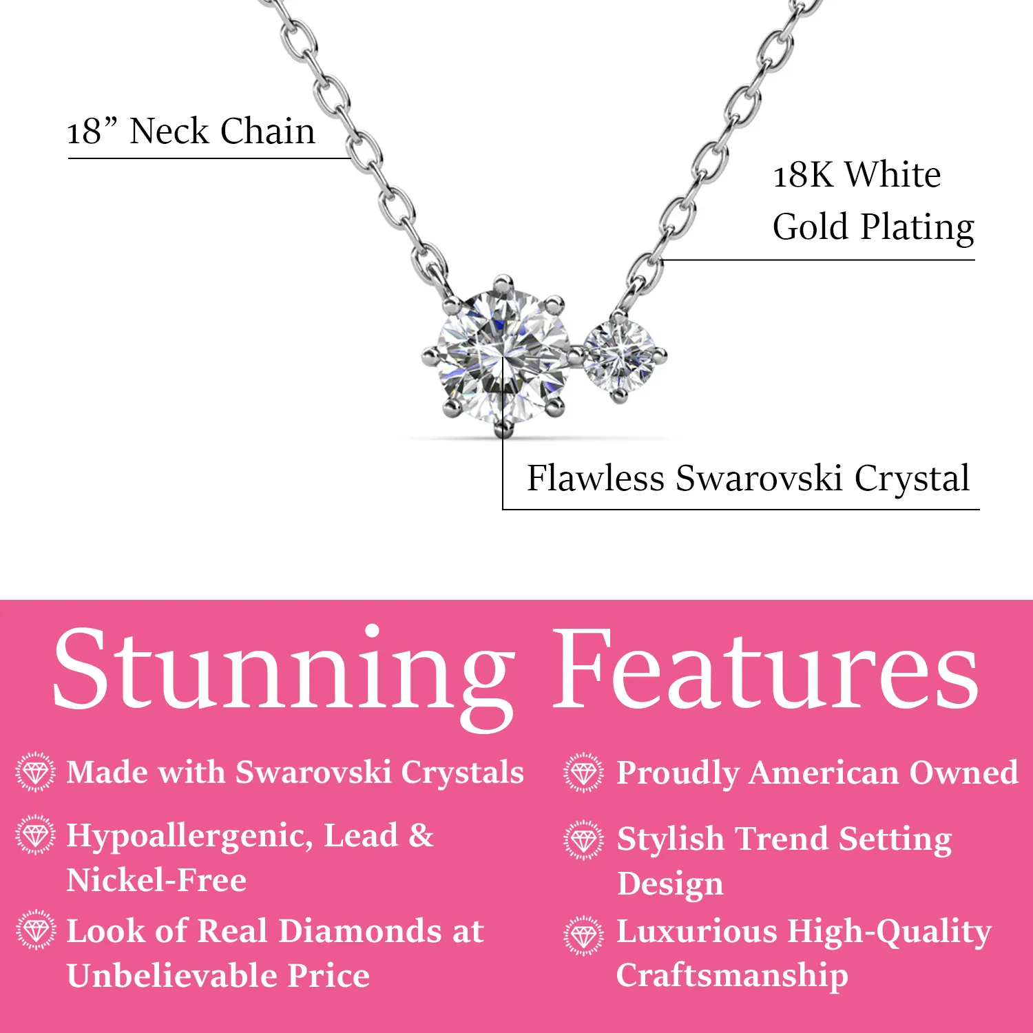 Emma 18k White Gold Plated 2-Stone Pendant Necklace with  Swarovski Crystals
