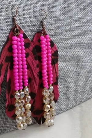 Emma Hot Pink Leather Leopard Feather Earring With Hot Pink Crystal Dangle Beads
