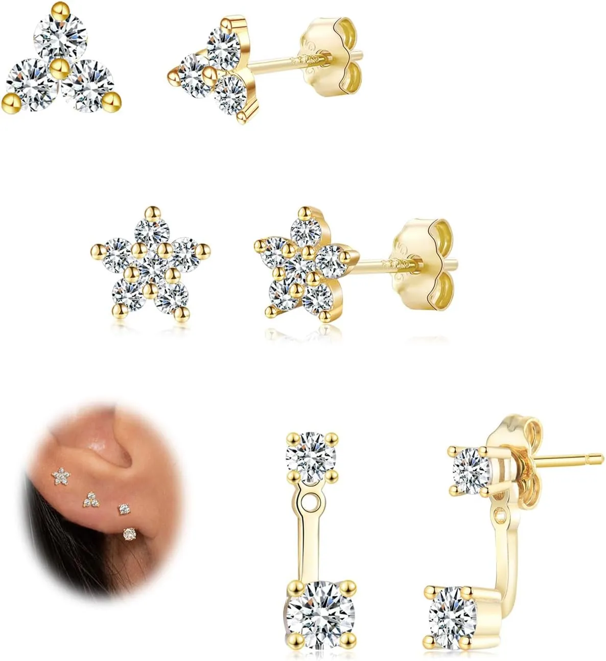 EPIRORA Gold Earrings for Women, 3 Pairs 14K Gold Plated Cubic Zirconia Stud Earrings Set, Trendy Cute Small Cartilage Earrings for Multiple Piercing