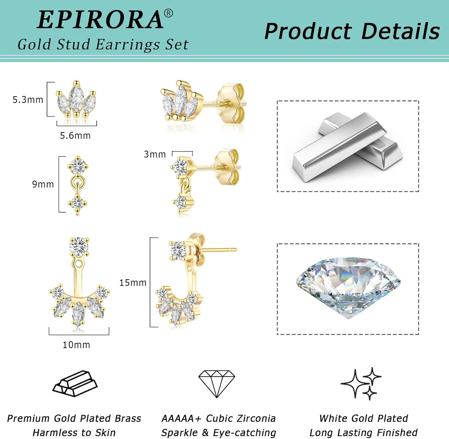 EPIRORA Gold Earrings for Women, 3 Pairs 14K Gold Plated Cubic Zirconia Stud Earrings Set, Trendy Cute Small Cartilage Earrings for Multiple Piercing