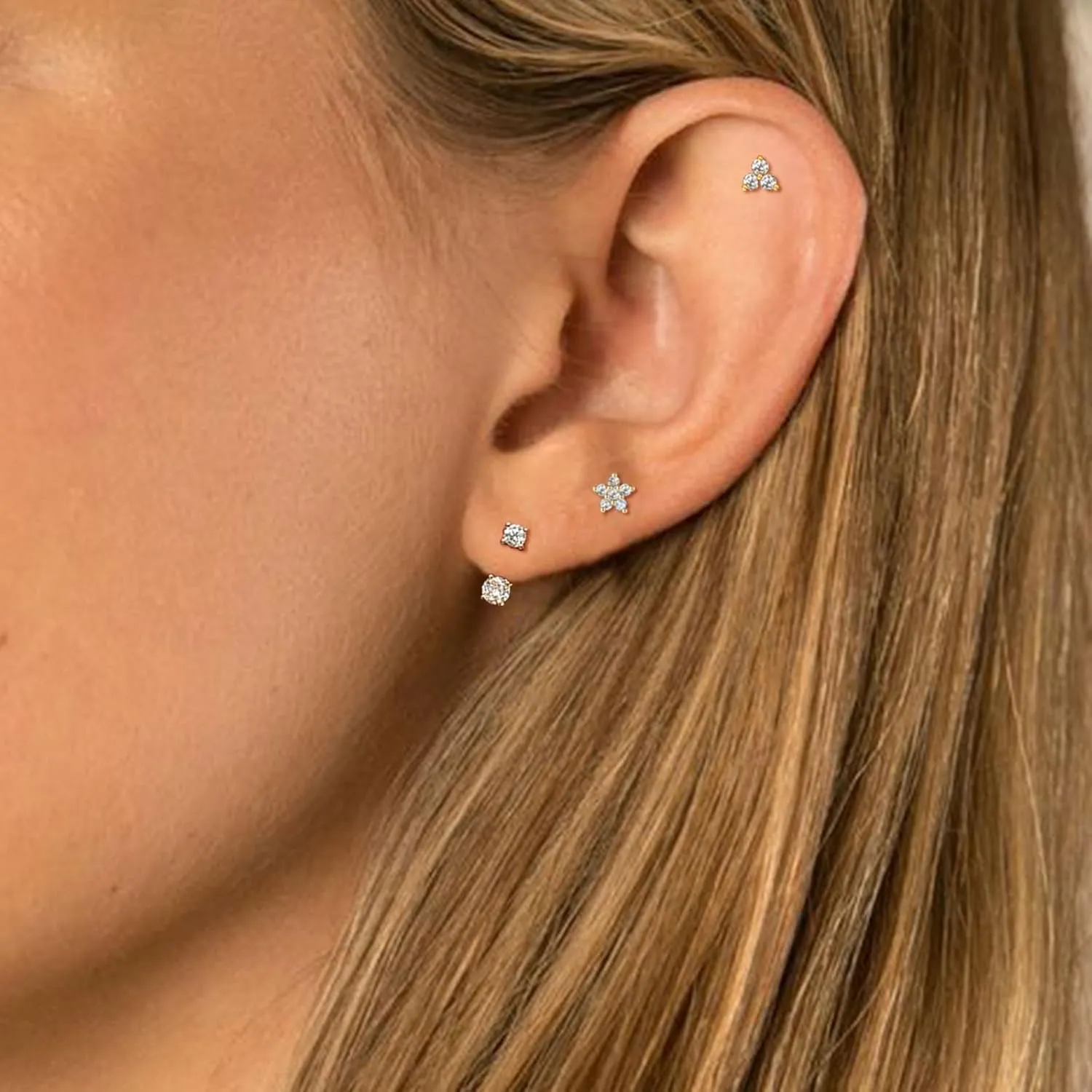 EPIRORA Gold Earrings for Women, 3 Pairs 14K Gold Plated Cubic Zirconia Stud Earrings Set, Trendy Cute Small Cartilage Earrings for Multiple Piercing