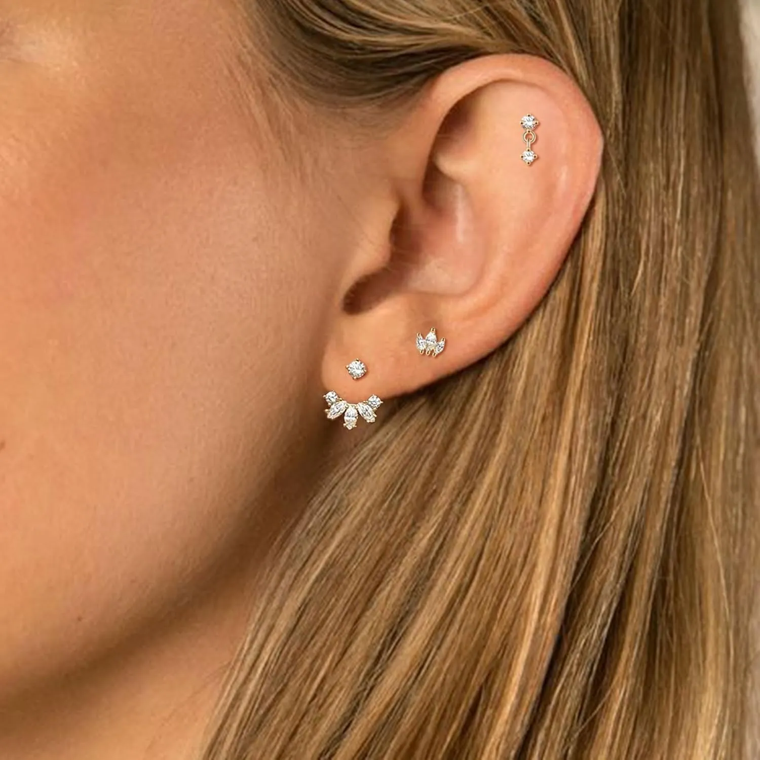 EPIRORA Gold Earrings for Women, 3 Pairs 14K Gold Plated Cubic Zirconia Stud Earrings Set, Trendy Cute Small Cartilage Earrings for Multiple Piercing