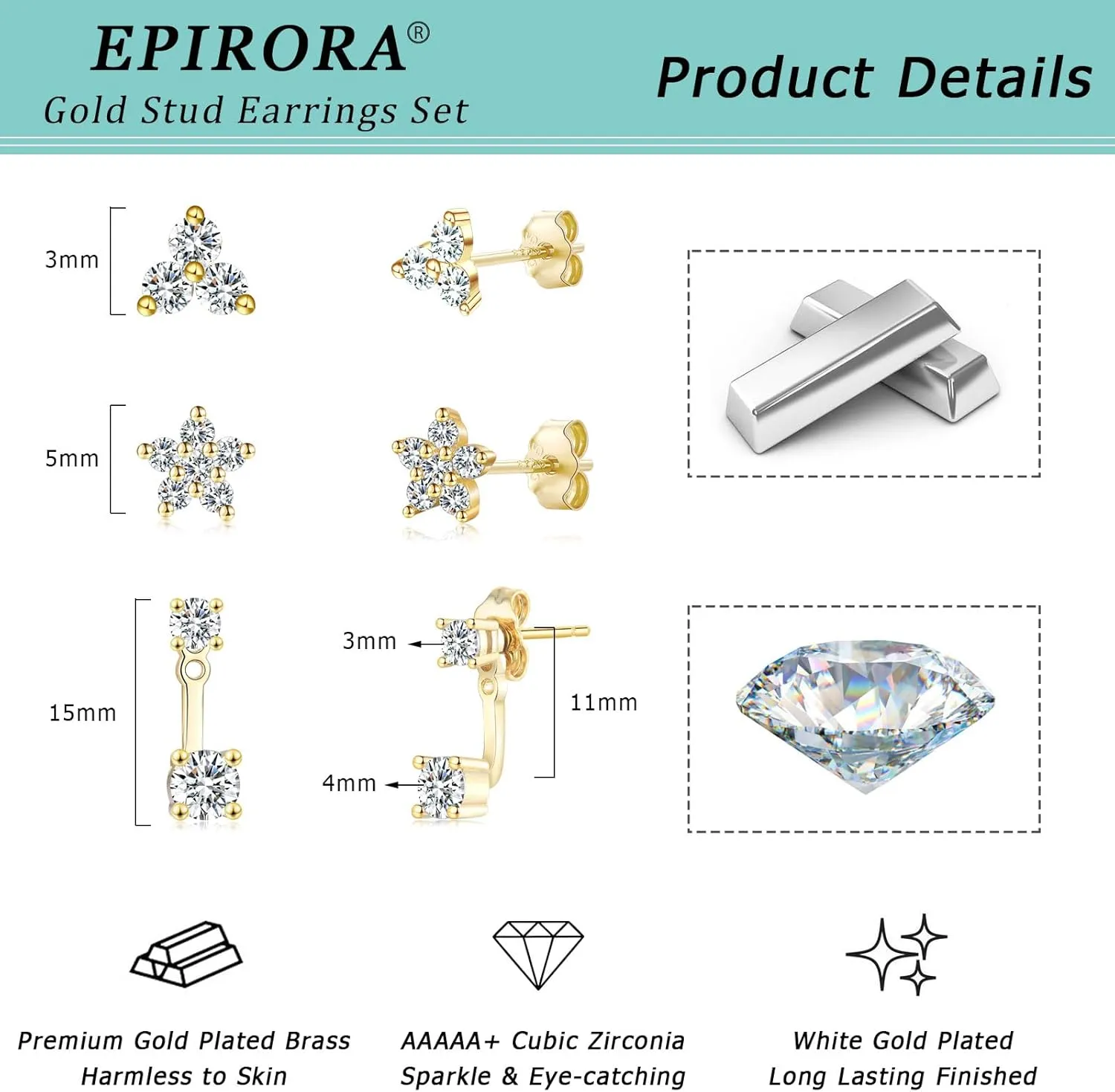 EPIRORA Gold Earrings for Women, 3 Pairs 14K Gold Plated Cubic Zirconia Stud Earrings Set, Trendy Cute Small Cartilage Earrings for Multiple Piercing