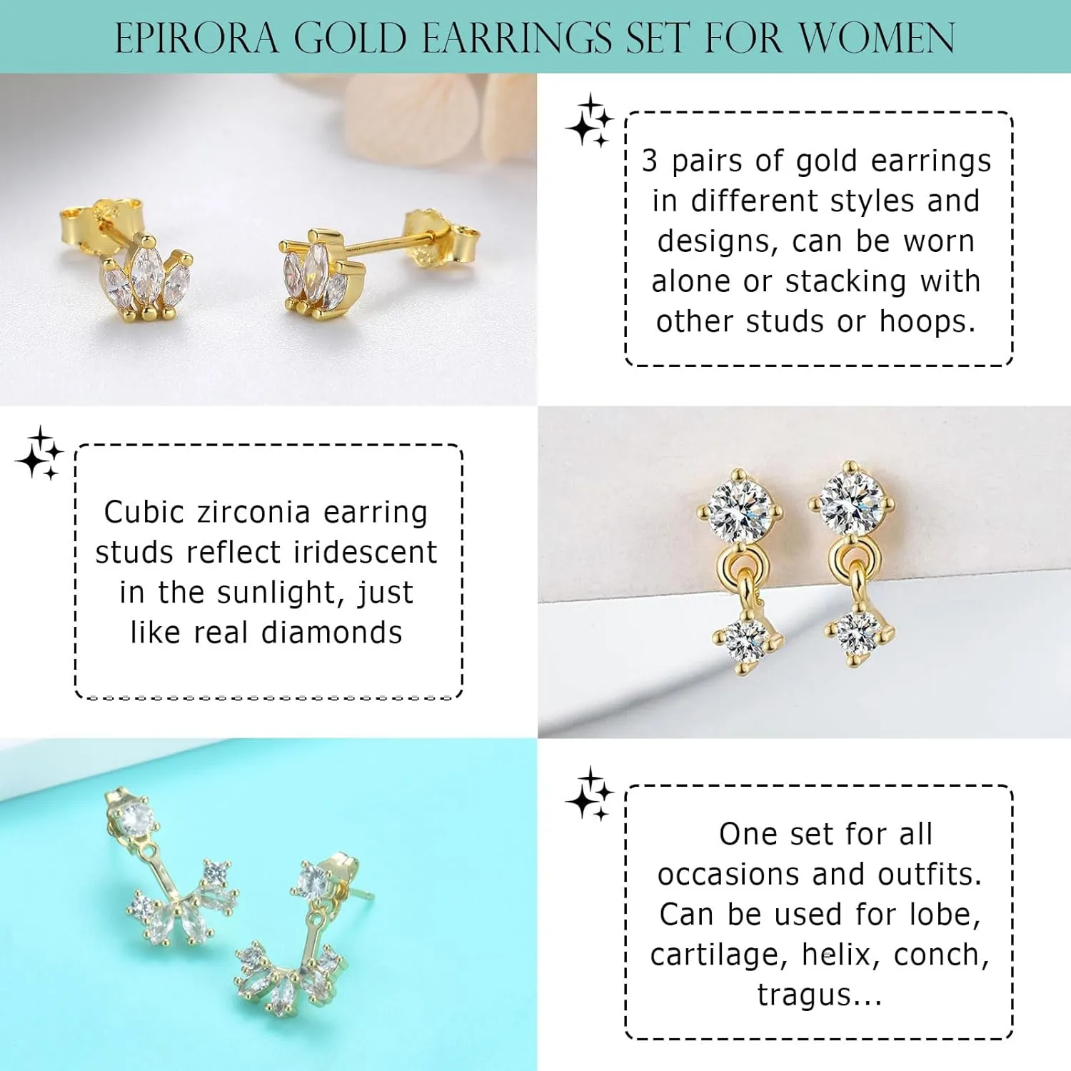 EPIRORA Gold Earrings for Women, 3 Pairs 14K Gold Plated Cubic Zirconia Stud Earrings Set, Trendy Cute Small Cartilage Earrings for Multiple Piercing