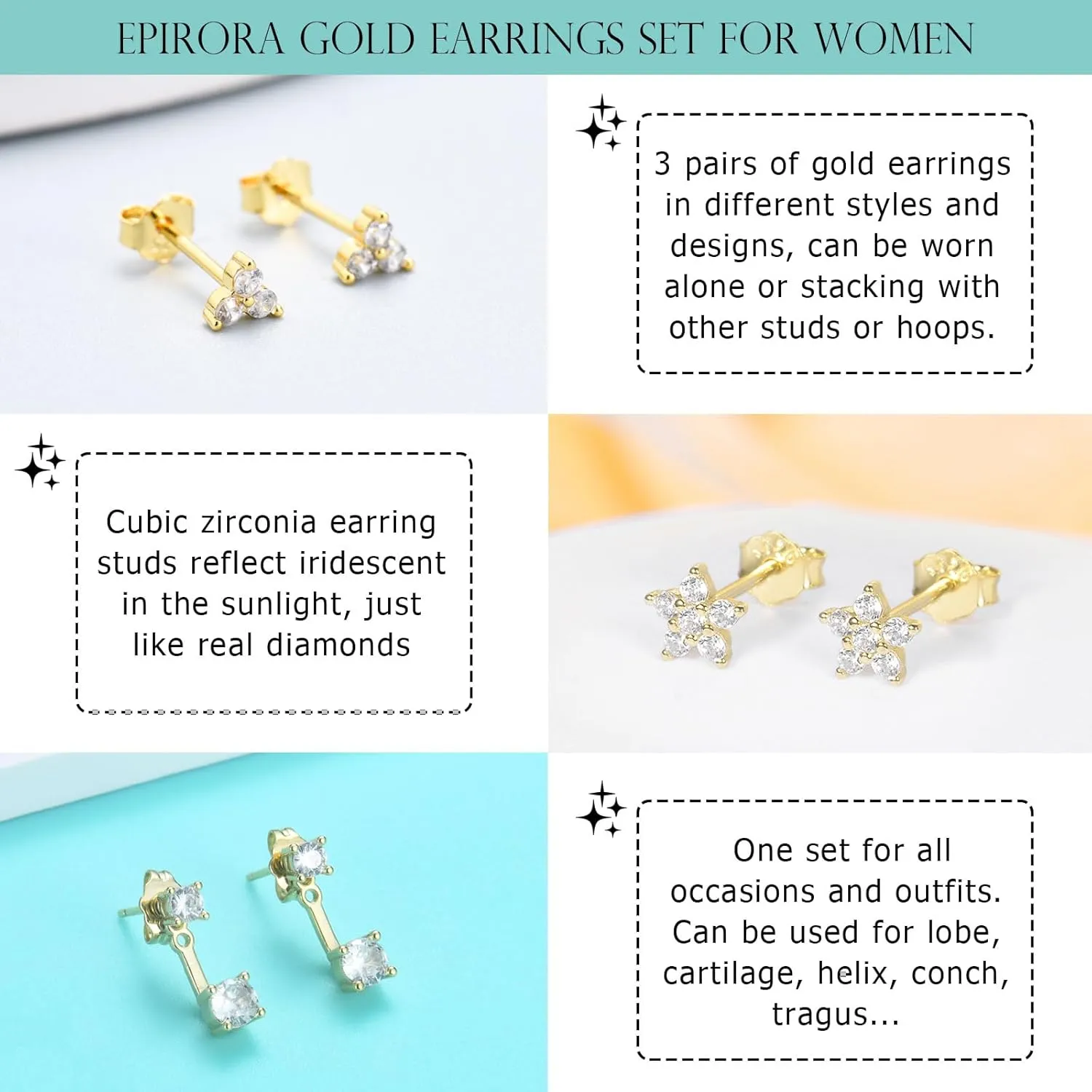 EPIRORA Gold Earrings for Women, 3 Pairs 14K Gold Plated Cubic Zirconia Stud Earrings Set, Trendy Cute Small Cartilage Earrings for Multiple Piercing