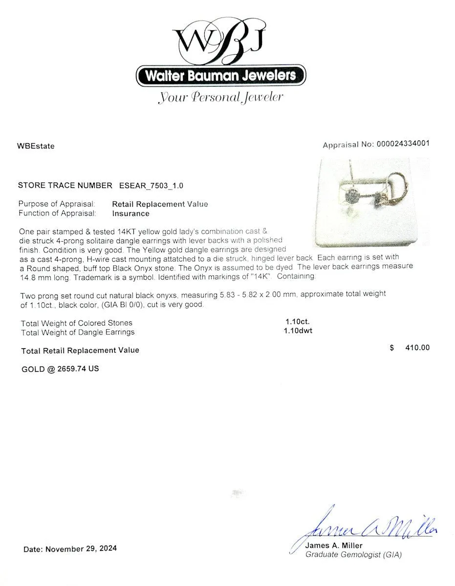 Estate 14K Y Gold 1.10ctw Onyx Drop Earrings