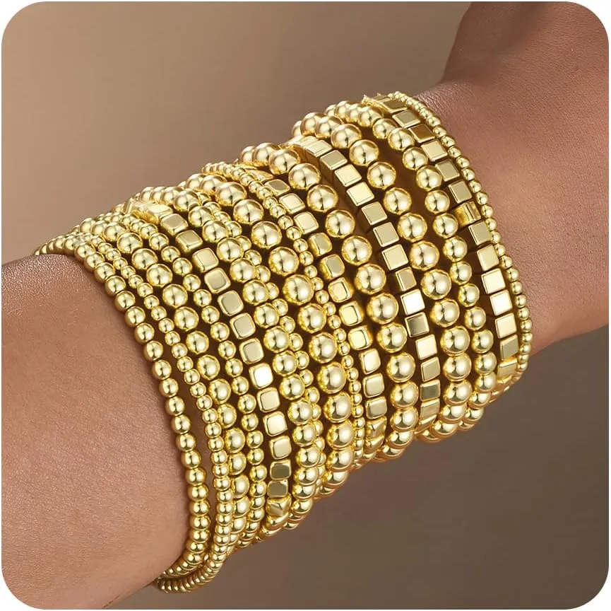 ??F ME Gold Bracelet for Women Waterproof, Gold Beaded Plated Stackable Strand Bead Ball Bracelets stack Adjustable Jewelry Set for Gifts