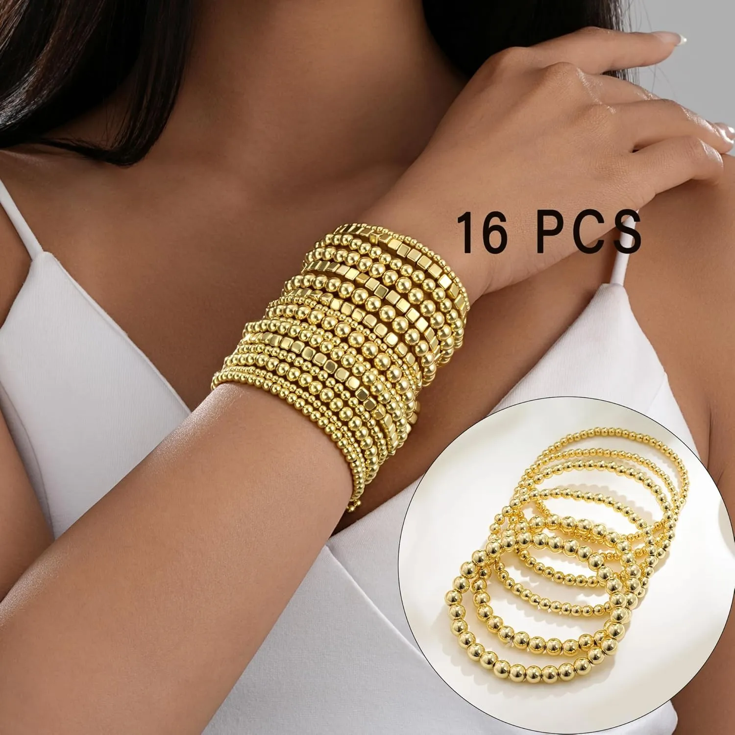 ??F ME Gold Bracelet for Women Waterproof, Gold Beaded Plated Stackable Strand Bead Ball Bracelets stack Adjustable Jewelry Set for Gifts