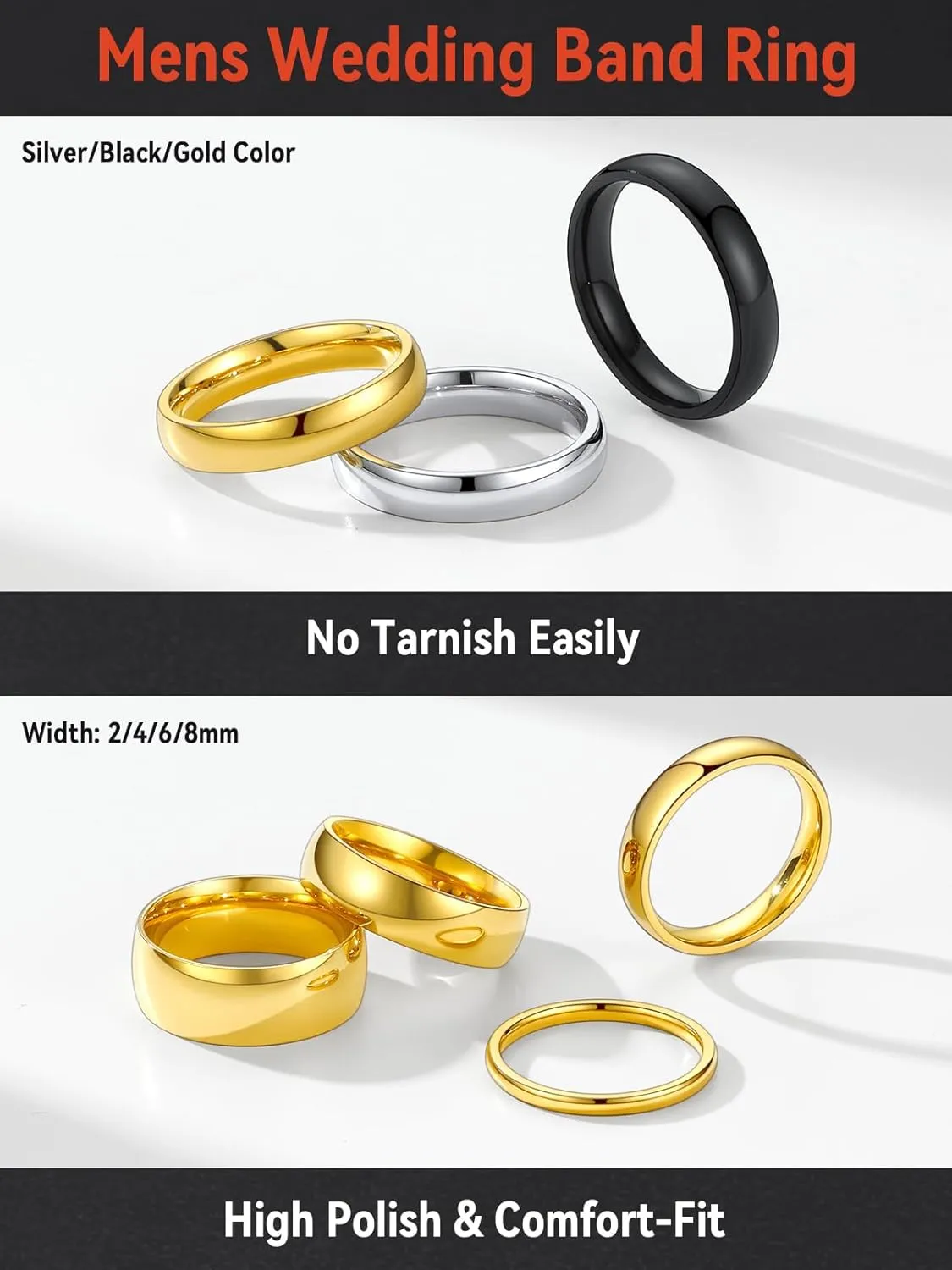 FaithHeart Band Rings 2/4/6/8 mm Width Stainless Steel/18K Gold Plated Polished Wedding Bands for Men Woman Personalized Customizable Gifts