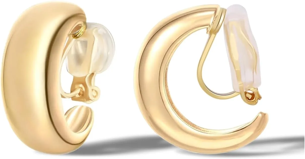 FAN&LOUIS Gold Clip On Hoop Earrings,14K Gold Plated Chunky Gold Small Huggie Hoops Clip-On Earrings for Women??Small Wide Round Hoop Clip On Earrings