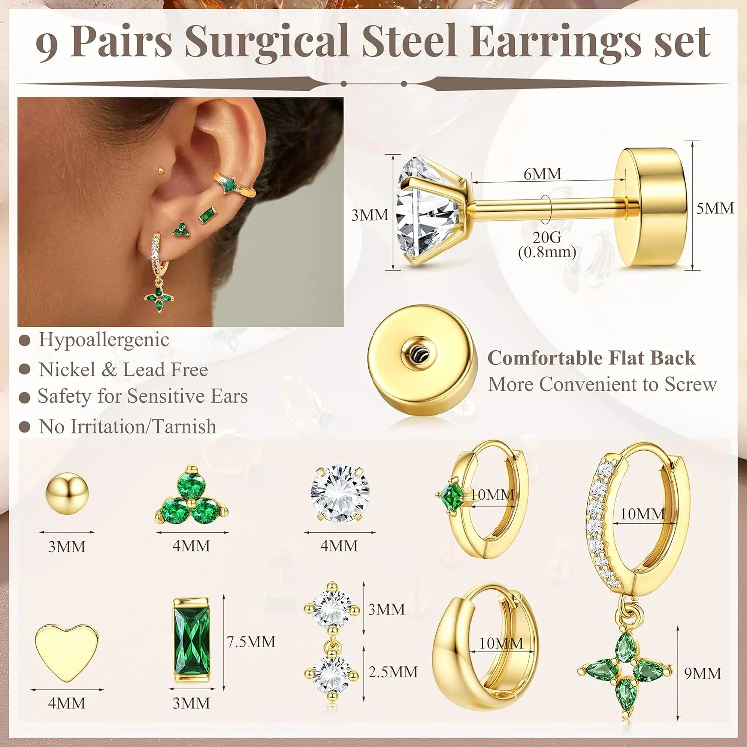 Fansilver Hypoallergenic Flat Back Earrings for Women 20G Surgical Stainless Steel Cartilage Earring Sets for Multiple Piercing Dainty Small Hoop Flatback Stud Earrings Stacks