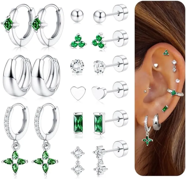 Fansilver Hypoallergenic Flat Back Earrings for Women 20G Surgical Stainless Steel Cartilage Earring Sets for Multiple Piercing Dainty Small Hoop Flatback Stud Earrings Stacks