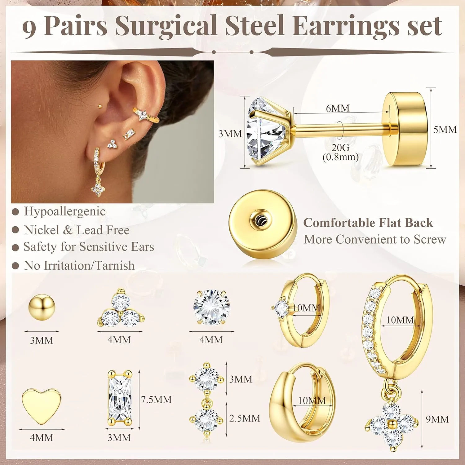 Fansilver Hypoallergenic Flat Back Earrings for Women 20G Surgical Stainless Steel Cartilage Earring Sets for Multiple Piercing Dainty Small Hoop Flatback Stud Earrings Stacks